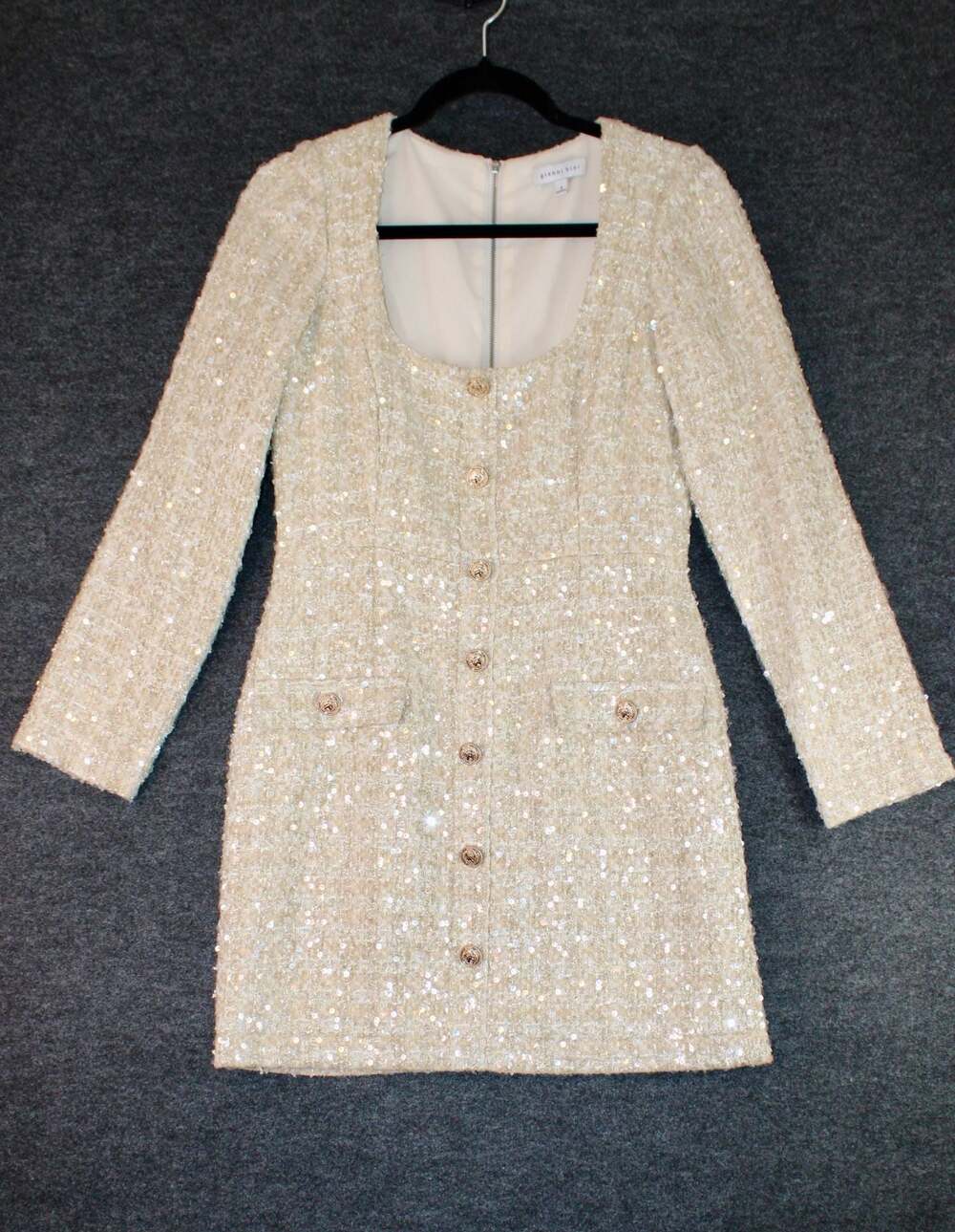 Gianni Bini Lissy Tweed Sequin Scoop Neck Long Sleeve Mini Dress